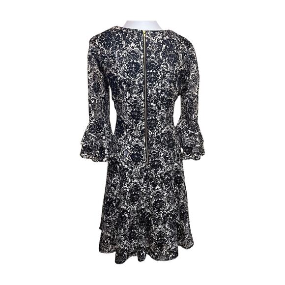 Julian Taylor Black White Brocade Dress Bell Sleeve Fit Flare Gothic Baroque - Picture 6 of 11